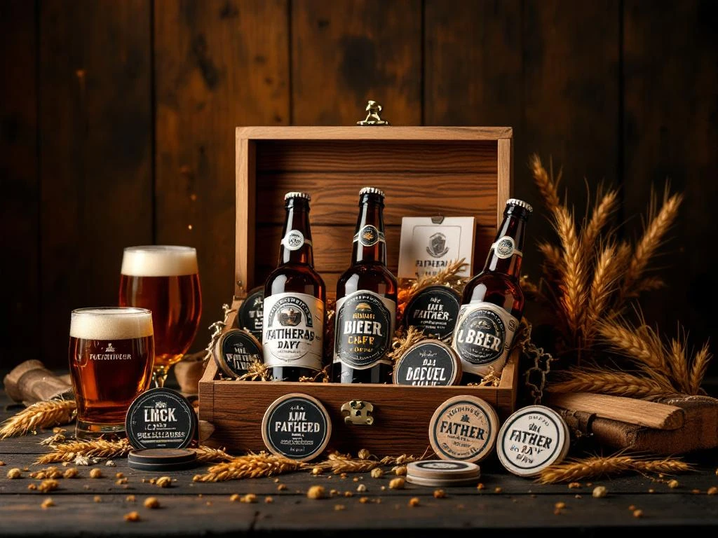 Vaderdag biercadeau set met ambachtelijke bierflessen in houten geschenkdoos, bierglas en accessoires op donkere achtergrond