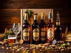 Luxe vaderdag cadeau met premium ambachtelijke bierflessen, kristallen glazen en houten accessoires op houten achtergrond