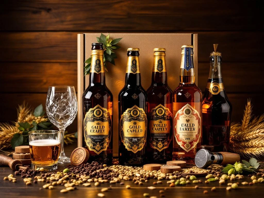 Luxe vaderdag cadeau met premium ambachtelijke bierflessen, kristallen glazen en houten accessoires op houten achtergrond