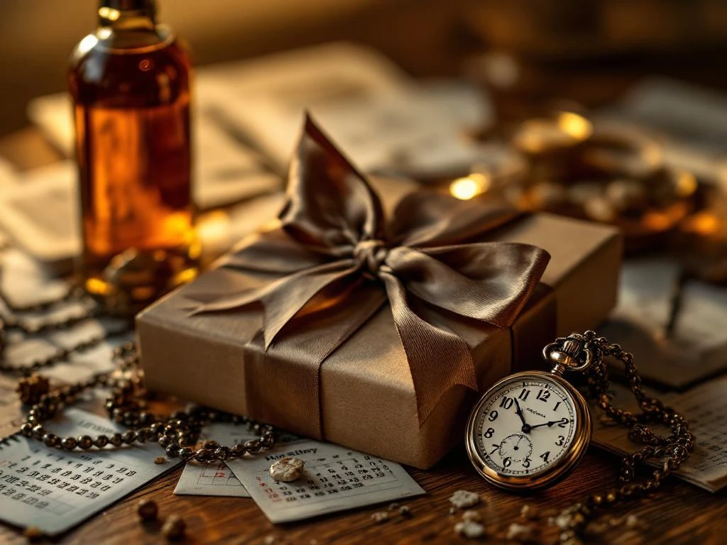 Elegante bierflesjes rond cadeaudoos met lint op houten tafel, vintage zakhorloge, perfecte vaderdag cadeau-opstelling