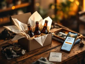 Elegante craft beer cadeauverpakking voor Vaderdag op houten tafel met smartphone voor bezorgservice