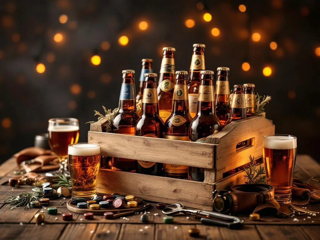 Vaderdag bier cadeau pakket met houten krat vol craft bieren op rustieke houten ondergrond met warme verlichting