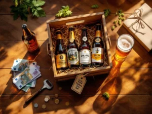 Premium craft bier cadeaupakket in houten krat met eurobankbiljetten en munten voor Vaderdag op elegante houten tafel