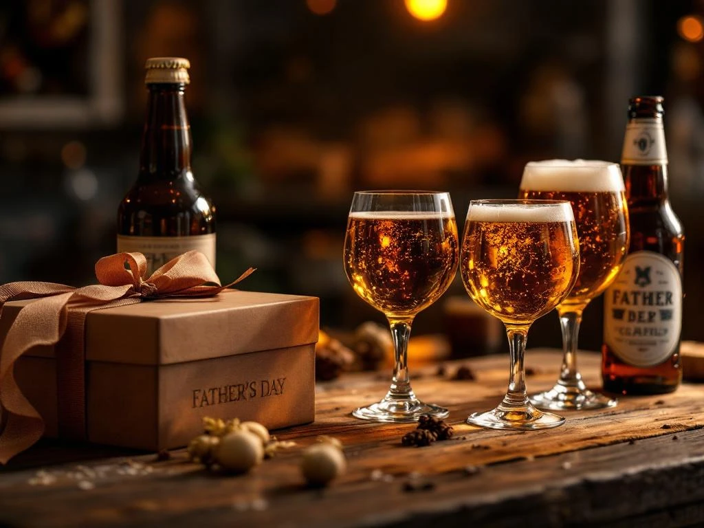 Vaderdag bierproeverij met ambachtelijke bieren in gouden glazen op rustieke houten tafel met cadeaudoos