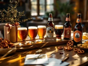 Vaderdag bierproeverij met craft bieren, glazen, kaas en crackers op houten tafel met warme verlichting