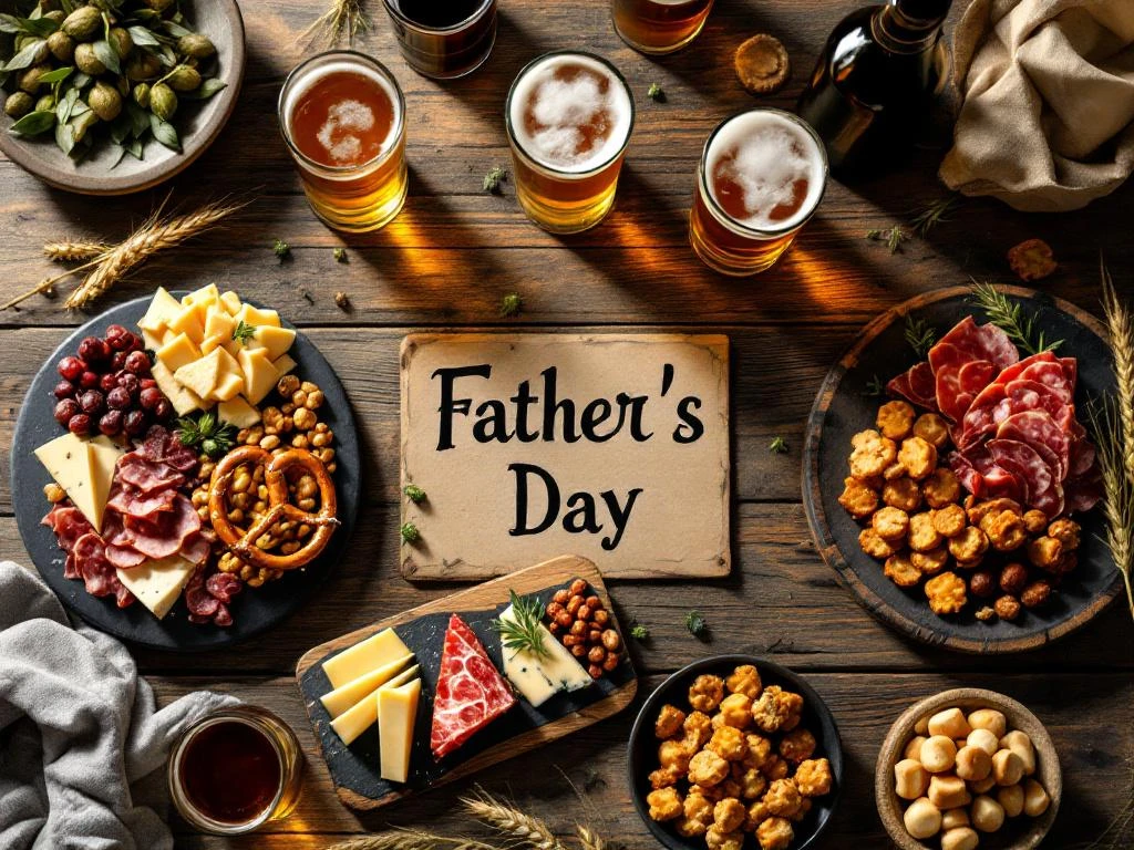 Bierproeverij opstelling voor Vaderdag met ambachtelijke bieren, kaas, vleeswaren en hapjes op rustieke houten tafel