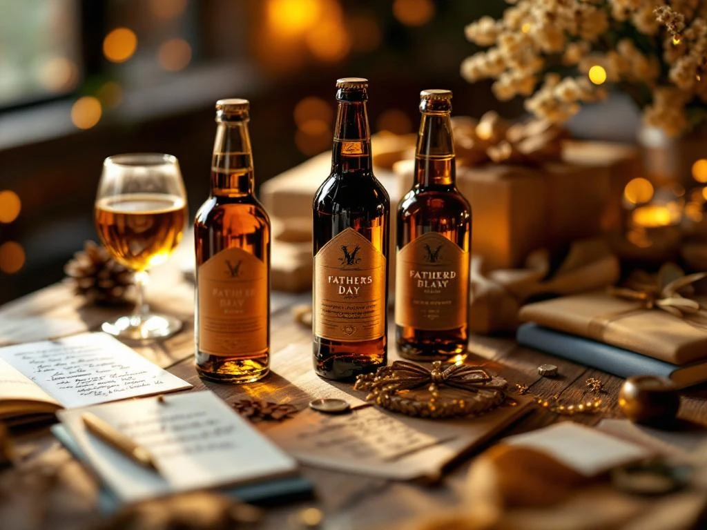 Elegante houten tafel met ambachtelijke bierflessen, gepersonaliseerde cadeauverpakking en warme verlichting voor Vaderdag