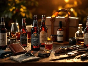 Vaderdag cadeau arrangement met premium bier, leren portemonnee, vintage horloge en verzorgingsproducten op houten tafel