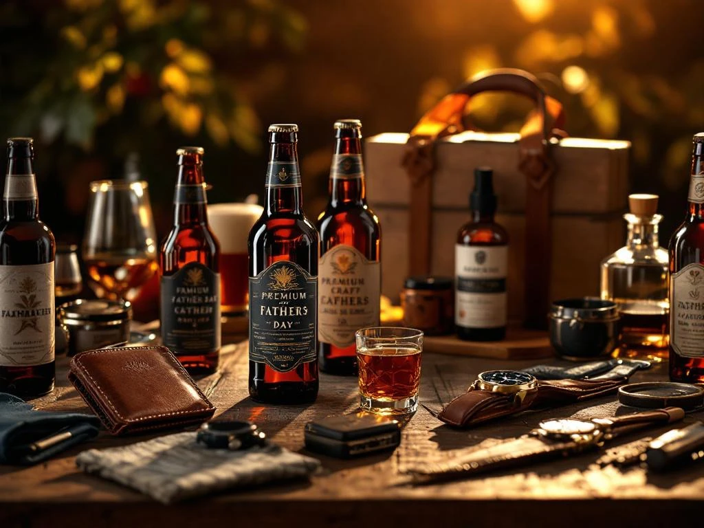 Vaderdag cadeau arrangement met premium bier, leren portemonnee, vintage horloge en verzorgingsproducten op houten tafel