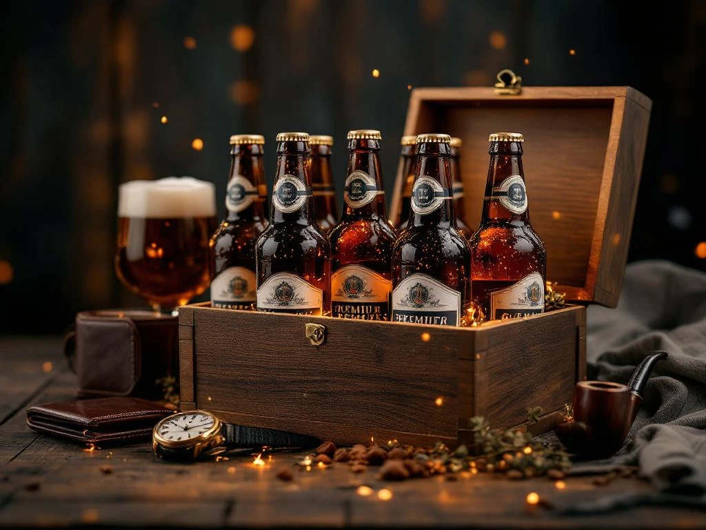 Houten geschenkdoos met premium craftbier flessen en luxe vaderdagcadeaus zoals leren portemonnee en horloge