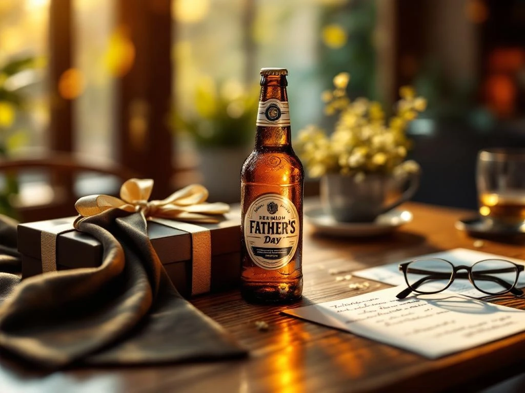 Vaderdag cadeauset met ambachtelijk bier, geschenkdoos, stropdas en kaart op houten tafel in warm zonlicht