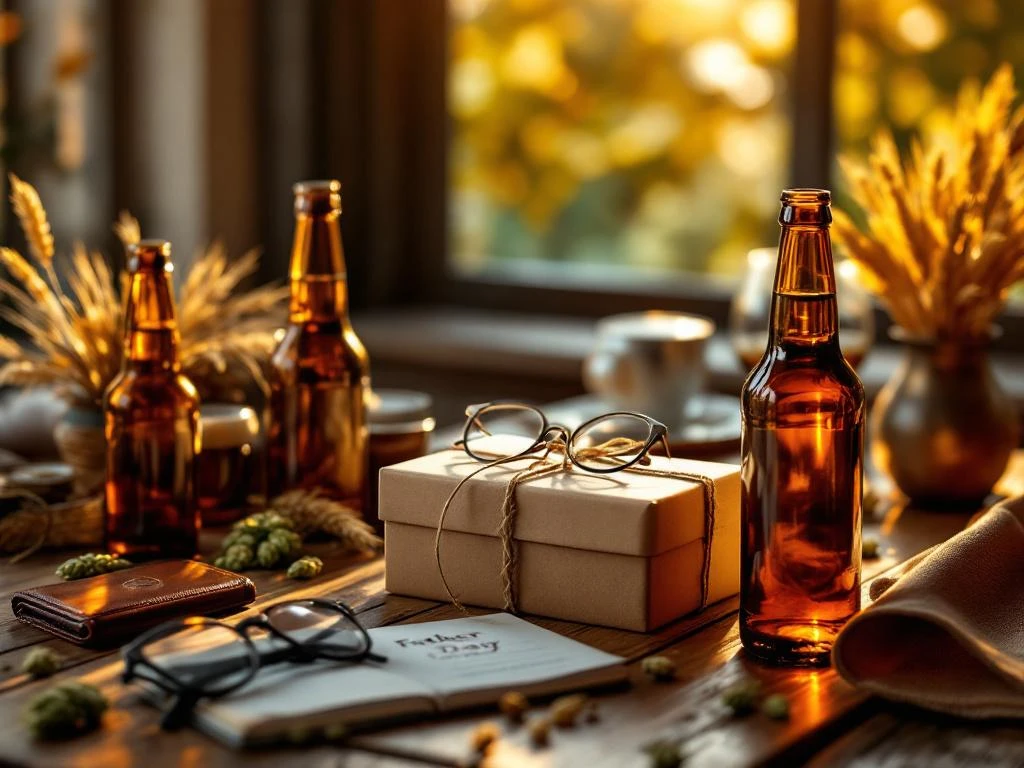 Vaderdag stilleven met ambachtelijke bierflesjes, leren portemonnee, leesbril en cadeauverpakking op houten tafel