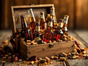 Houten cadeaubox vol amberen en gouden craft bierflessen met bordeauxrood Vaderdag lint, warme belichting