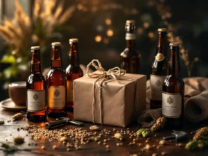 Houten tafel met ambachtelijke bierflessen, cadeauverpakking en vintage flesopener in warme verlichting