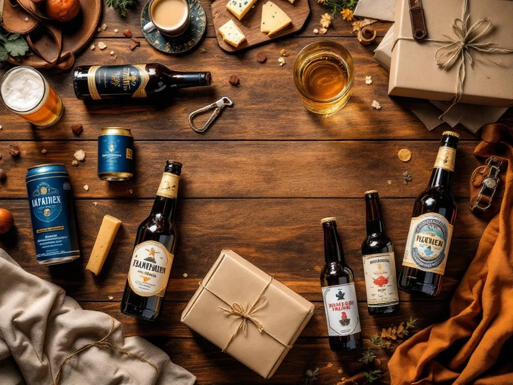 Ambachtelijke bierflesjes met cadeauverpakking en Vaderdag accessoires op houten tafel in warme verlichting