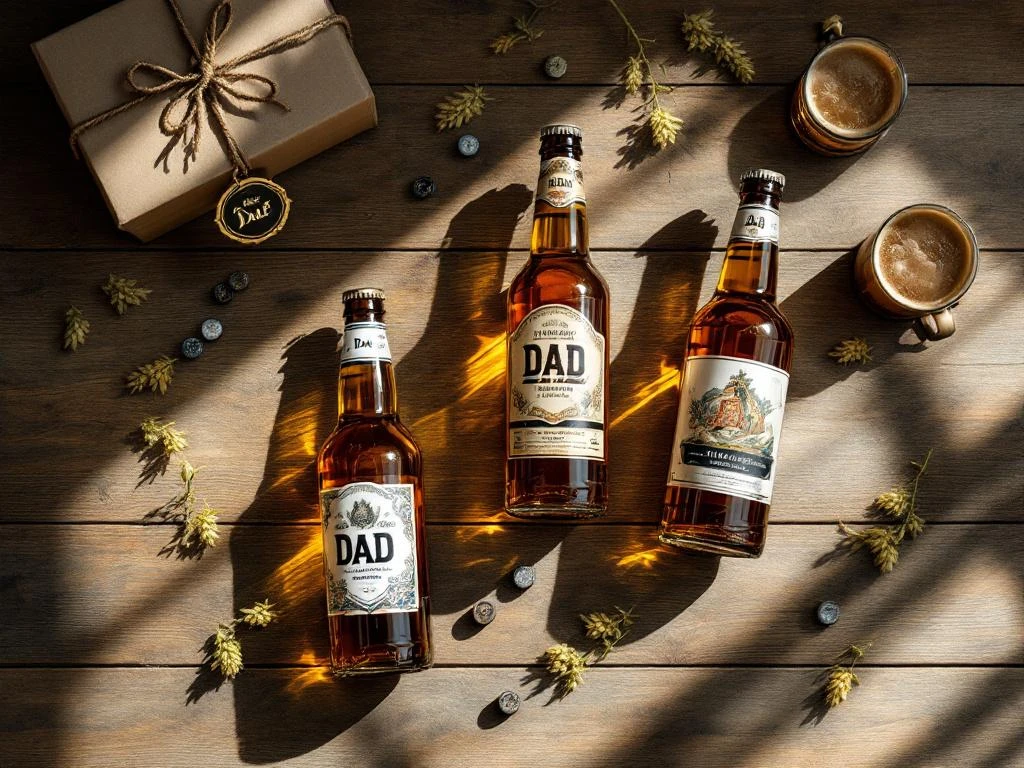 Drie ambachtelijke bierflesjes naast cadeaudoos met "Papa" label op houten tafel voor Vaderdag