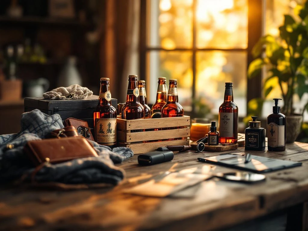 Wat is een goed vaderdag cadeau? 6 Luxe Vaderdag cadeauset met craft bier flessen, leren portemonnee en verzorgingsproducten op houten tafel