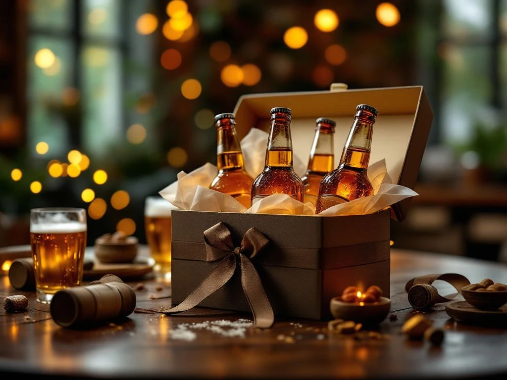 Luxe Vaderdag cadeauset met premium craftbier flessen in elegante houten geschenkdoos op warme houten tafel