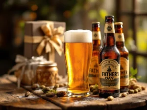 Vaderdag cadeau arrangement met ambachtelijke bierflessen en glas op rustieke houten tafel met lint en hop decoratie