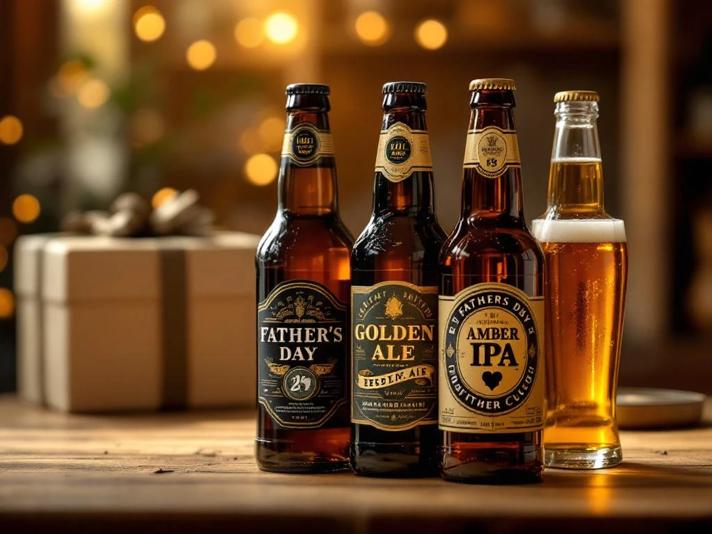 Drie ambachtelijke bierflessen op houten tafel voor Vaderdag: donkere stout, gouden Belgische ale en amber IPA