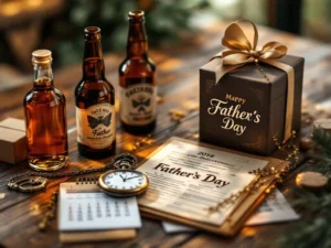 Houten tafel met ambachtelijke bierflesjes, cadeauverpakking voor Vaderdag en vintage zakhorloge in warme verlichting