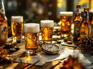 Houten tafel met craft bier glazen, vintage zakhorloge en proefnotities in warme verlichting voor Vaderdag viering