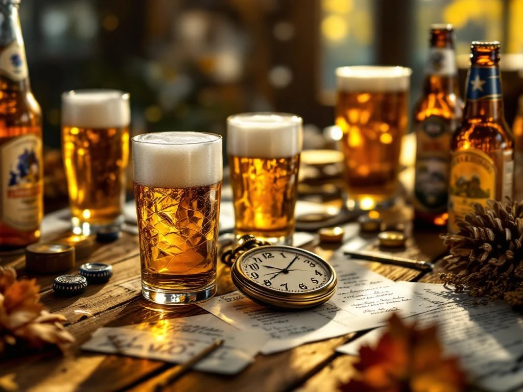 Houten tafel met craft bier glazen, vintage zakhorloge en proefnotities in warme verlichting voor Vaderdag viering