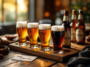 Vaderdag biervlucht met ambachtelijke bieren in verschillende glazen op rustieke houten tafel met warme verlichting
