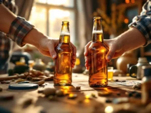 Vader en kind houden craft bierflessen vast aan houten tafel met vaderdag activiteiten zoals vissen en kamperen