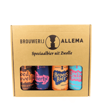 Bierpakket van Brouwerij Allema met vier eigen speciaalbieren. Een gevarieerd proefpakket met dubbel, weizen, session IPA en saison.