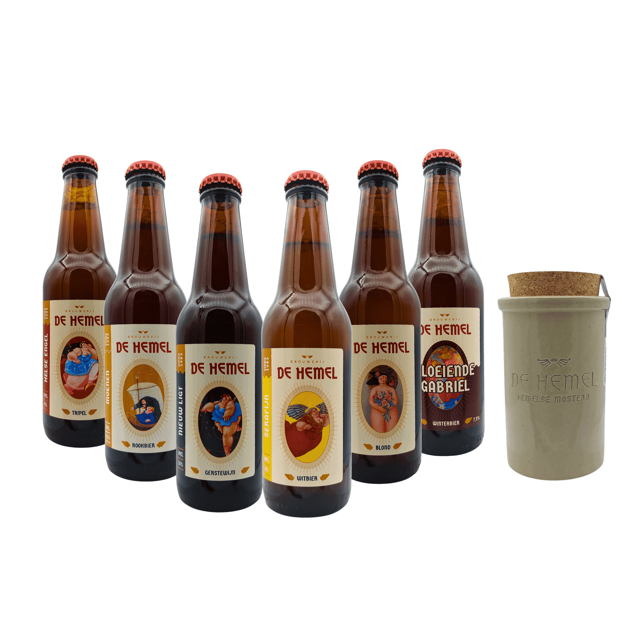 Hemels Borrelpakket – 7 speciaalbieren van Brouwerij de Hemel met grove biermosterd, ideaal voor bij de borrelplank, exclusief bij My Dear Beer.