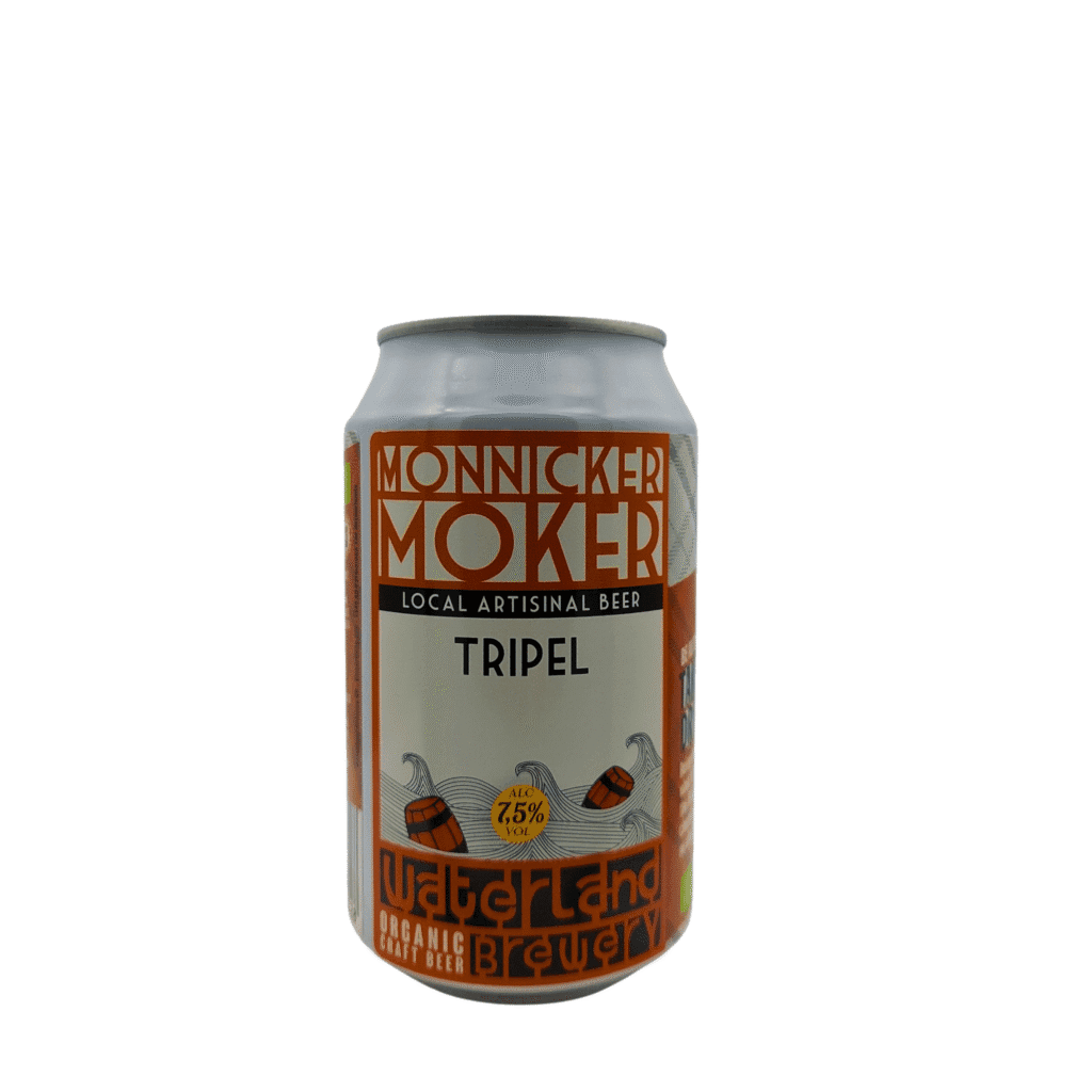 Goudgele tripel met romige witte schuimkraag, Monnicker Moker van Waterland Brewery, 33cl blik, biologisch speciaalbier.