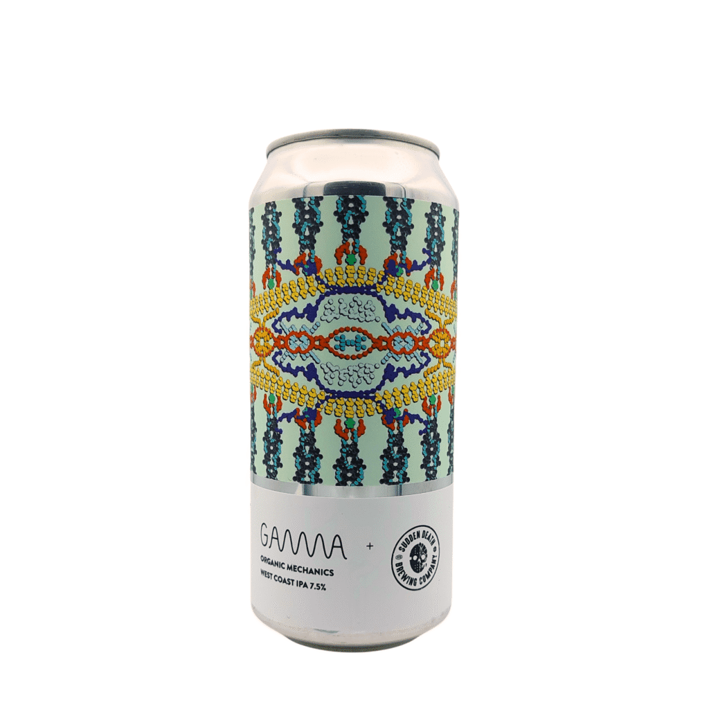 Organic Mechanics West Coast IPA – Gamma Brewing x Sudden Death. 44cl blik, kleurrijk design, 7,5%, citrus en tropisch fruit, exclusief bij My Dear Beer.