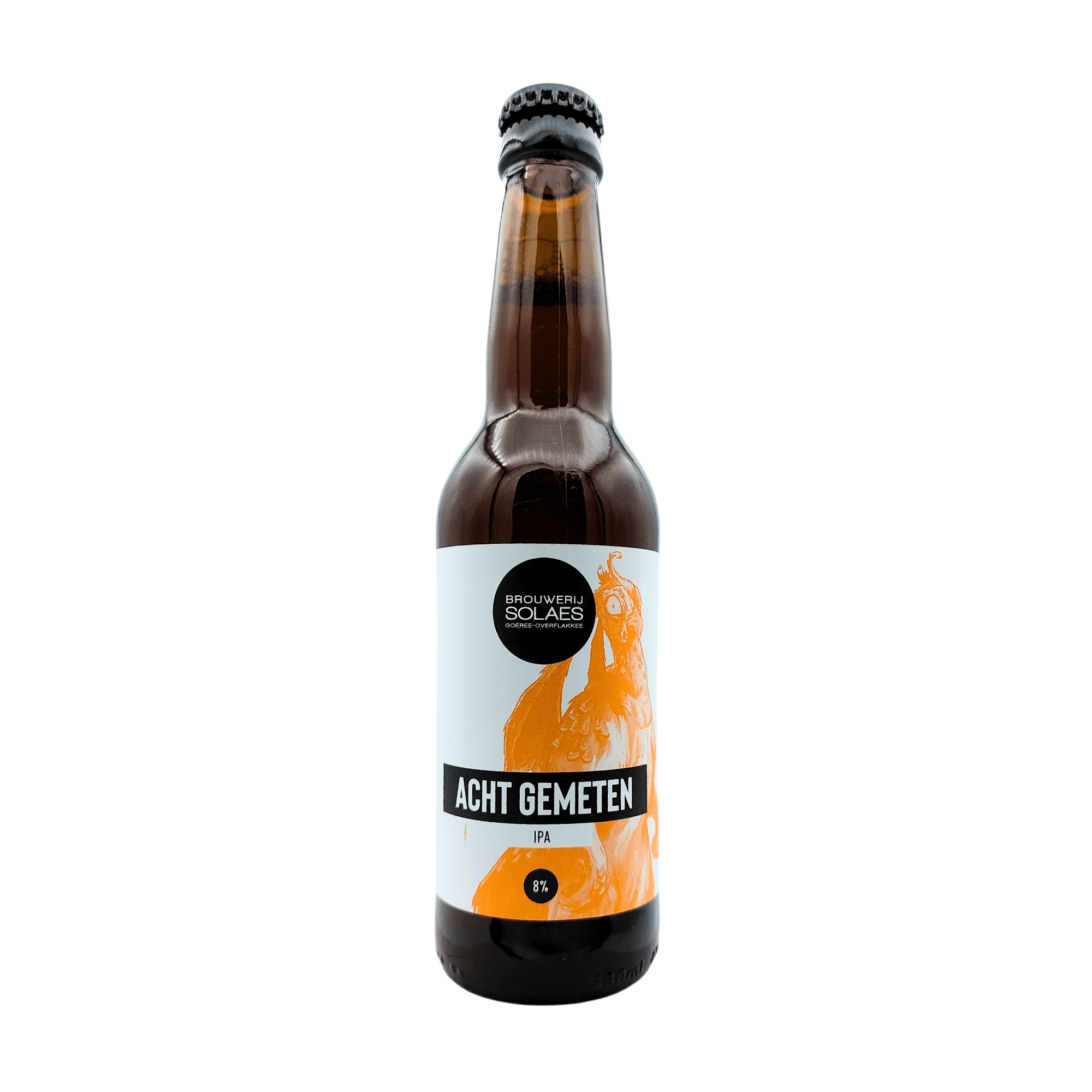 Achtgemeten Imperial IPA van Solaes met wit, zwart en oranje etiket