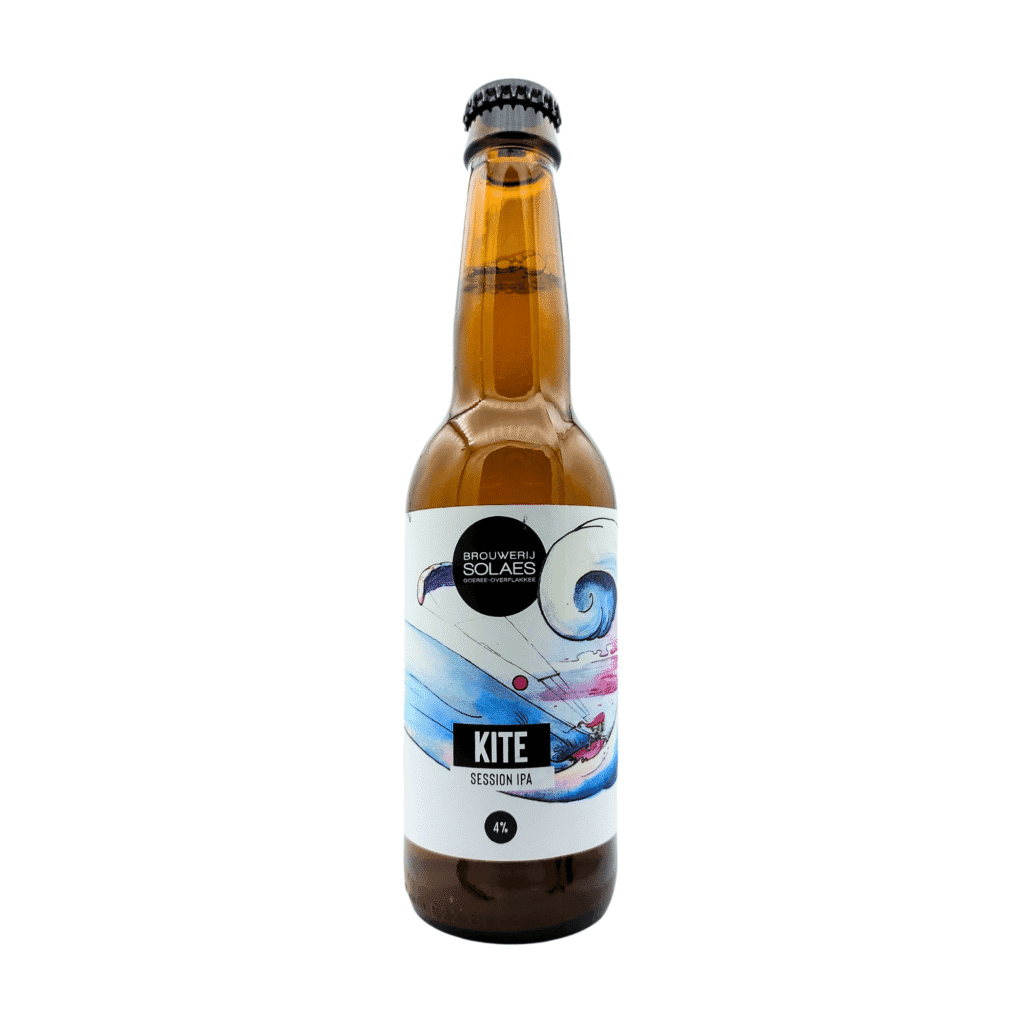 Kite Session IPA van Solaes met blauw, roze en paars etiket