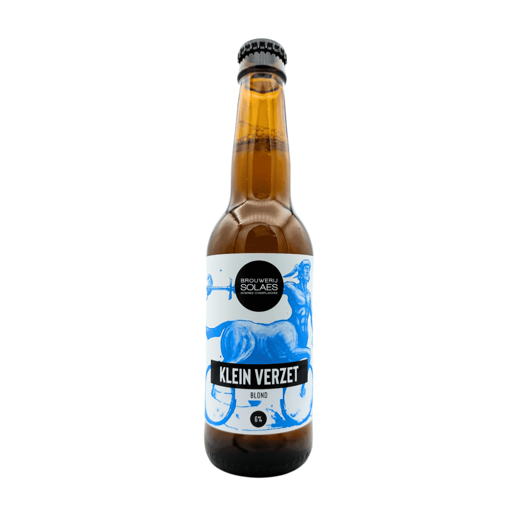 Klein Verzet blond bier van Solaes met wit, zwart en felblauw etiket