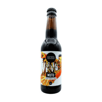 Wutu Sticky Toffee Stout van Solaes met oranje, geel en rood etiket