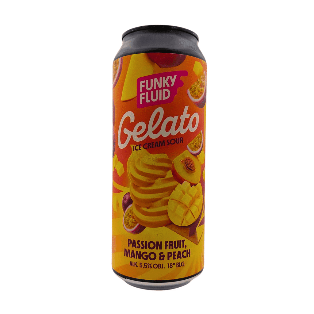 Funky Fluid Gelato Passion Fruit Mango & Peach Ice Cream Sour 5,5% ABV – tropische Smoothie Sour flagship in 500ml blik – 3,92★ Untappd