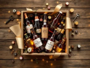 Houten geschenkdoos vol ambachtelijke bierflesjes in amber en gouden tinten op rustieke houten ondergrond
