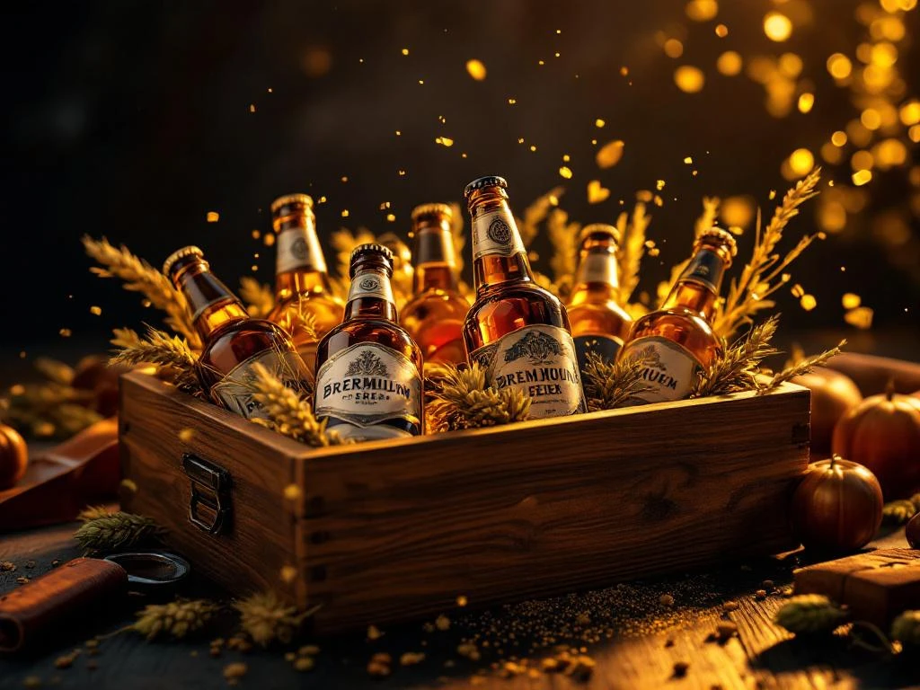 Houten geschenkdoos met ambachtelijke bierflesjes, leren opener en hopbloemen op donker hout met warme verlichting