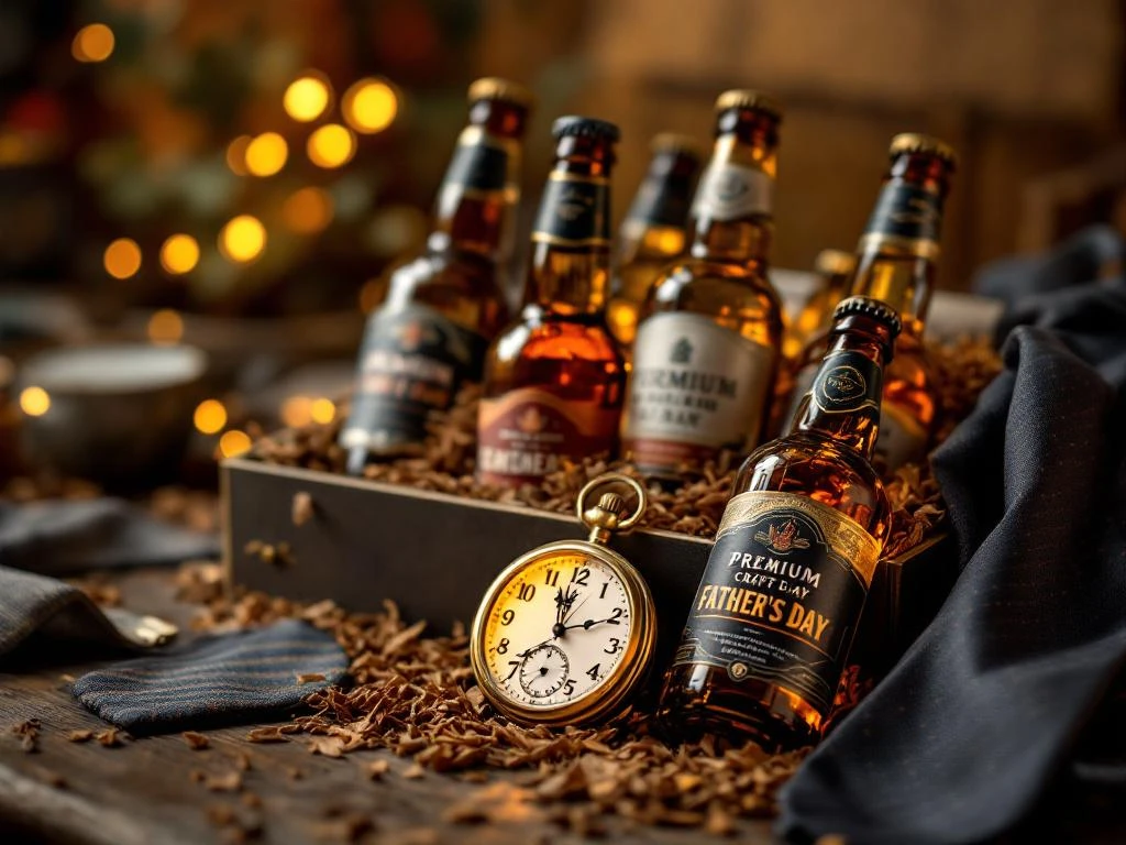 Premium craft bier cadeauset in houten doos met vintage zakhorloge en stropdas voor vaderdag