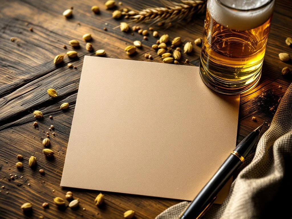 Glazen bierfles met ambergouden bier naast blanco kraftpapier kaart en vulpen op houten tafel met hop en gerst