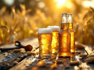 Recepten en Blog 2 Koude lichtbieren met condensdruppels op verweerde houten planken in warm zonlicht voor Vaderdag viering