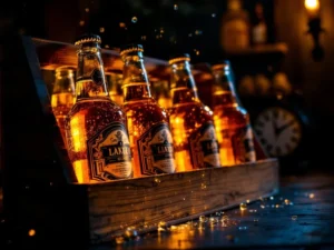 Recepten en Blog 6 Amberen craftbier flessen in houten krat in koele kelder met condensdruppels en warme verlichting