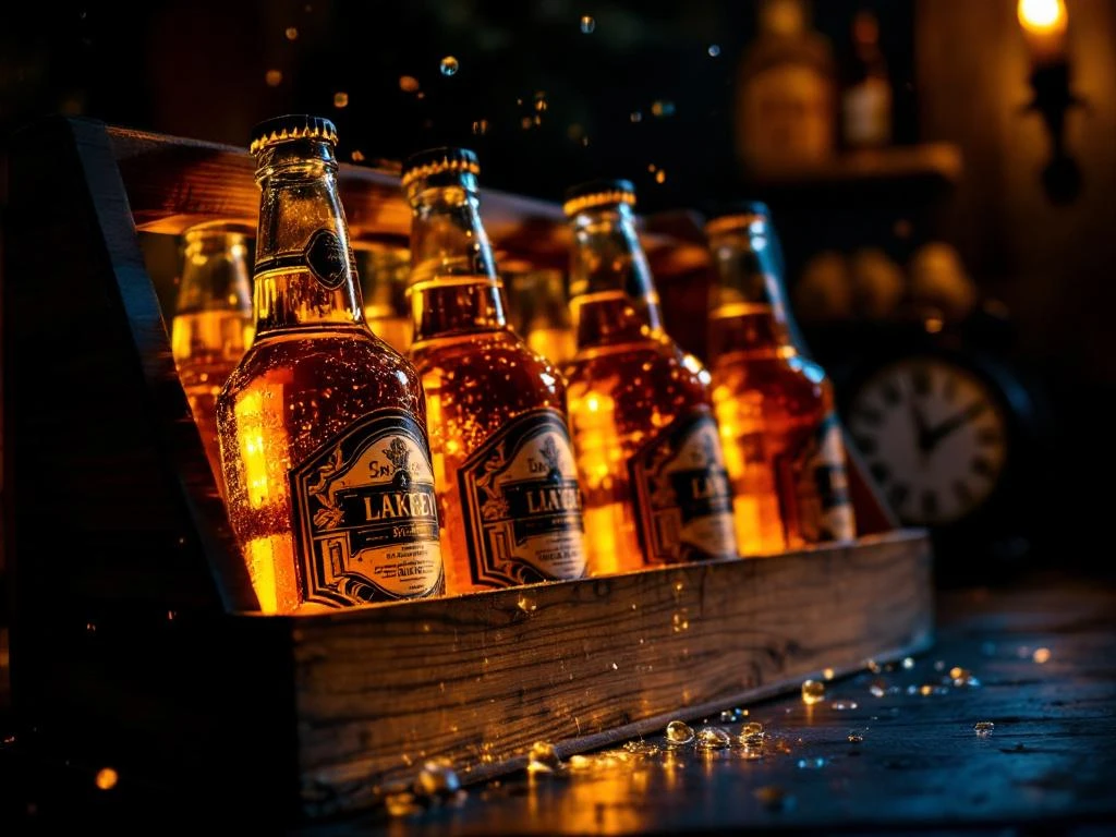 Amberen craftbier flessen in houten krat in koele kelder met condensdruppels en warme verlichting