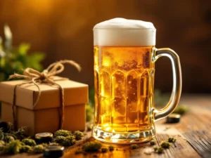 Recepten en Blog 1 Gouden bier wordt ingeschonken in glas met schuim, geschenkdoos en hopbloemen voor Vaderdag viering