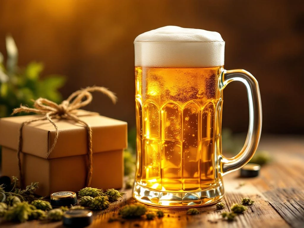 Gouden bier wordt ingeschonken in glas met schuim, geschenkdoos en hopbloemen voor Vaderdag viering