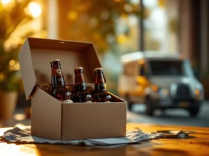 Luxe craft beer cadeauset met premium flessen en Vaderdag kaart, bezorgwagen op achtergrond, warme gouden verlichting