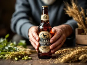 Opa's handen houden ambachtelijk bier vast tussen Vaderdag cadeaus met hop, gerst en vintage houten krat