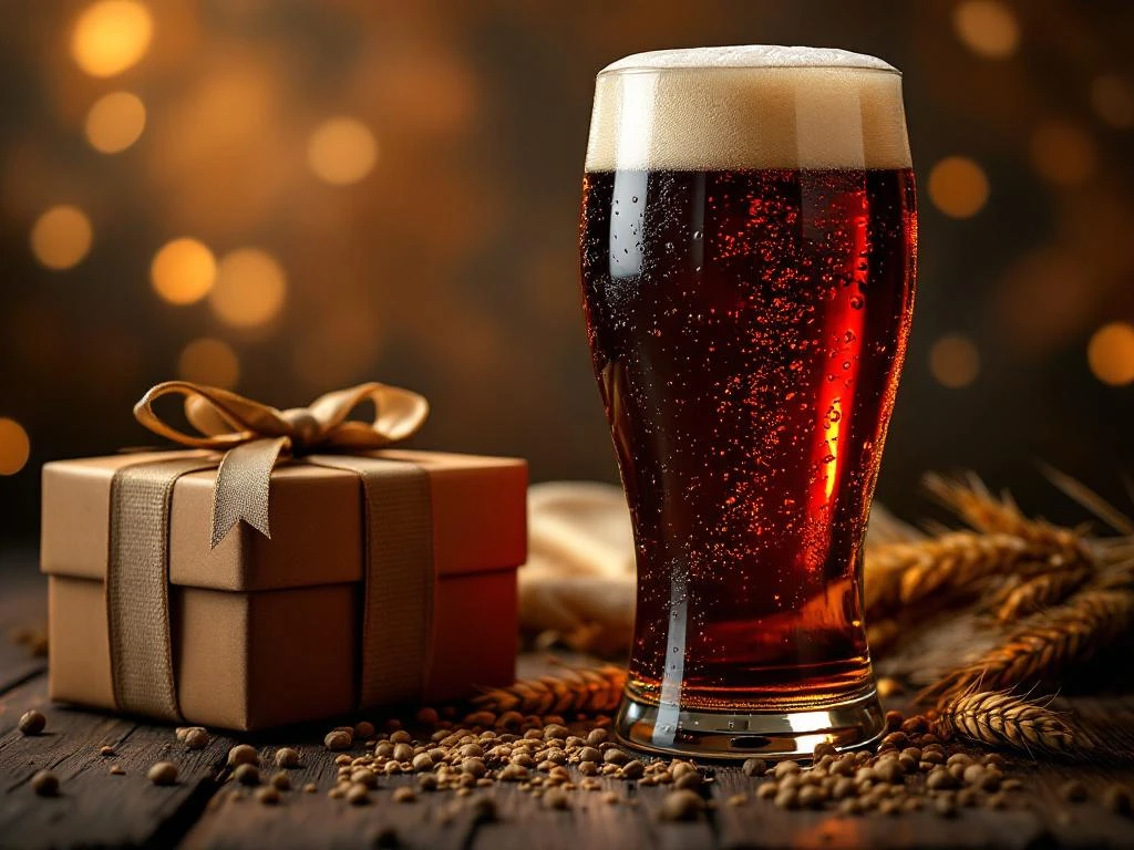 Glas donker craft bier met schuimkraag naast cadeauverpakking voor Vaderdag op houten tafel met hop en gerst